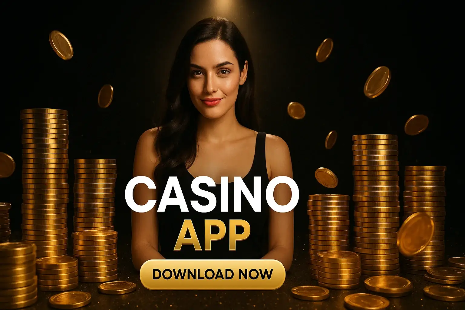 Photorealistic casino app banner with woman, gold chips, coins and download button