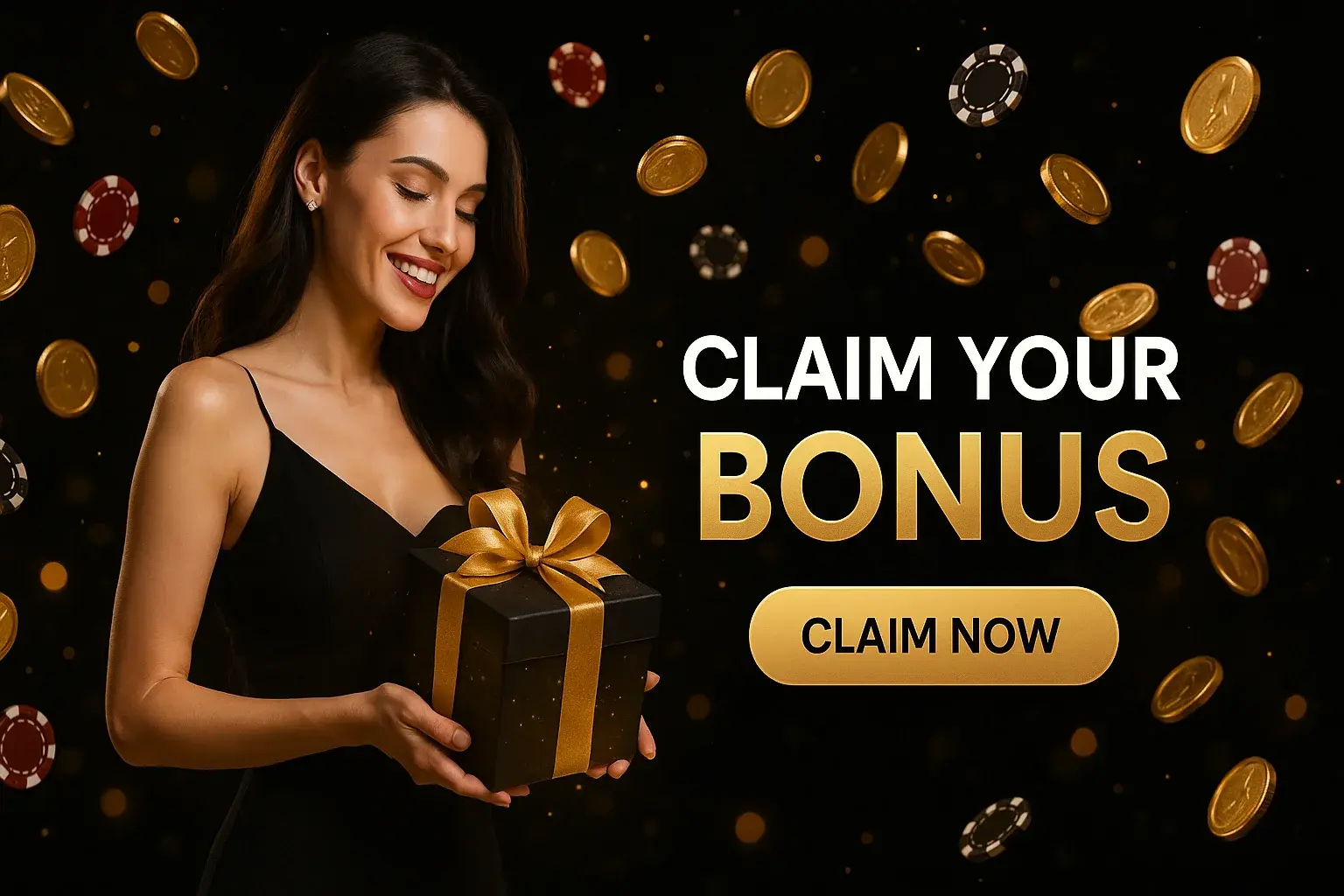 Wide casino bonus banner with woman holding gift box and gold coins