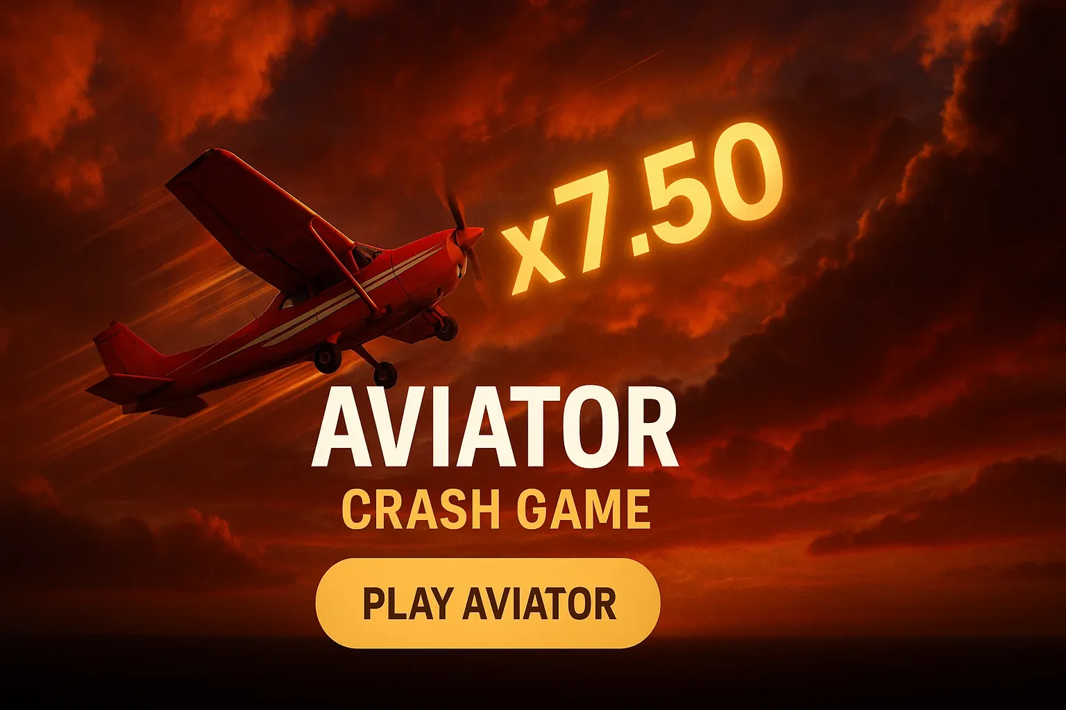 Wide crash game banner with red aircraft and glowing x7.50 multiplier