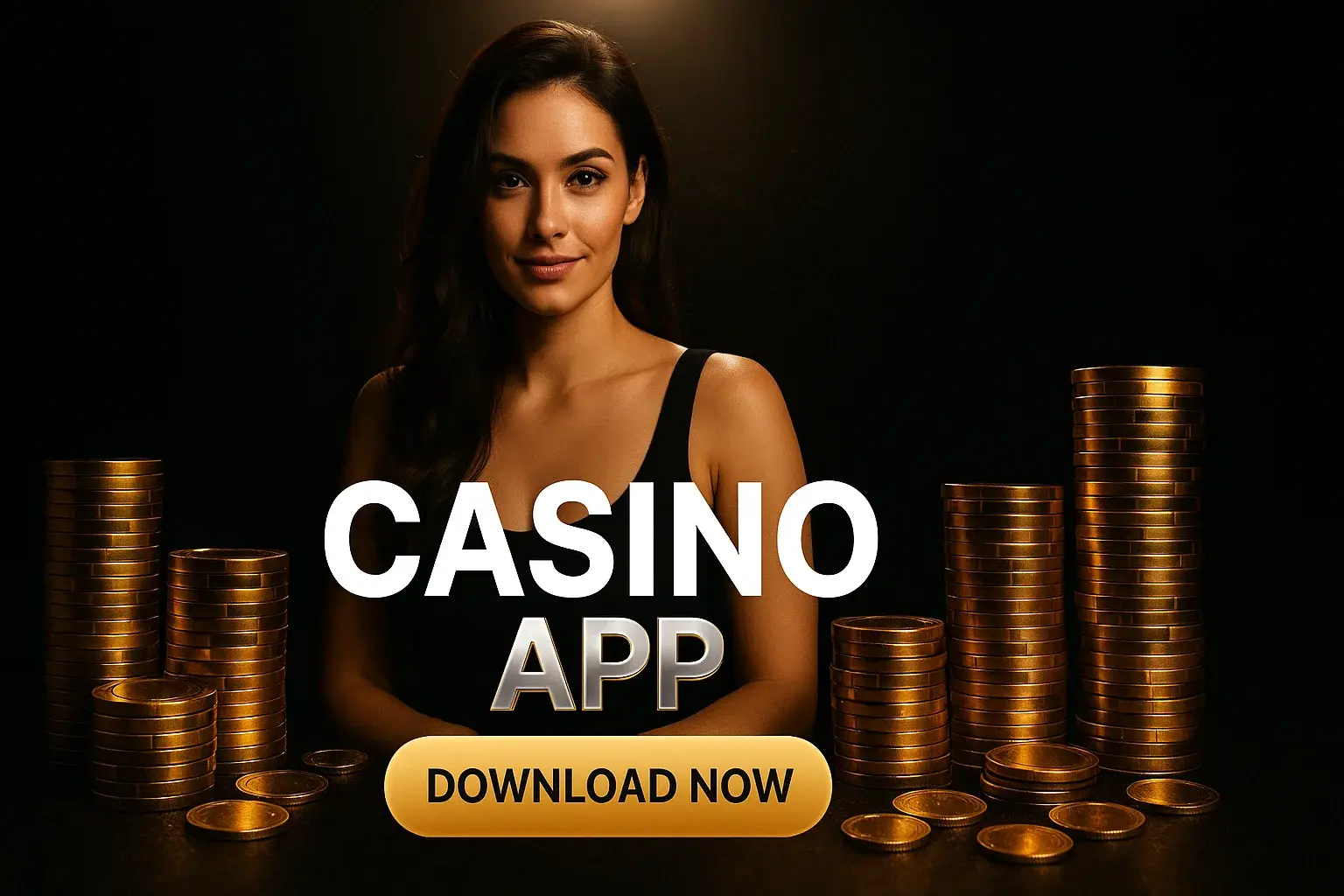 Photorealistic casino app banner with woman, gold chips, and download button