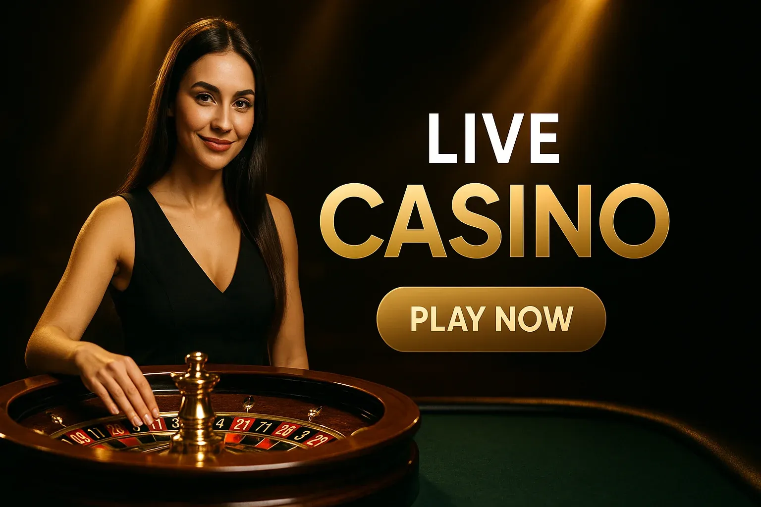Photorealistic live casino banner with croupier and roulette wheel, CTA