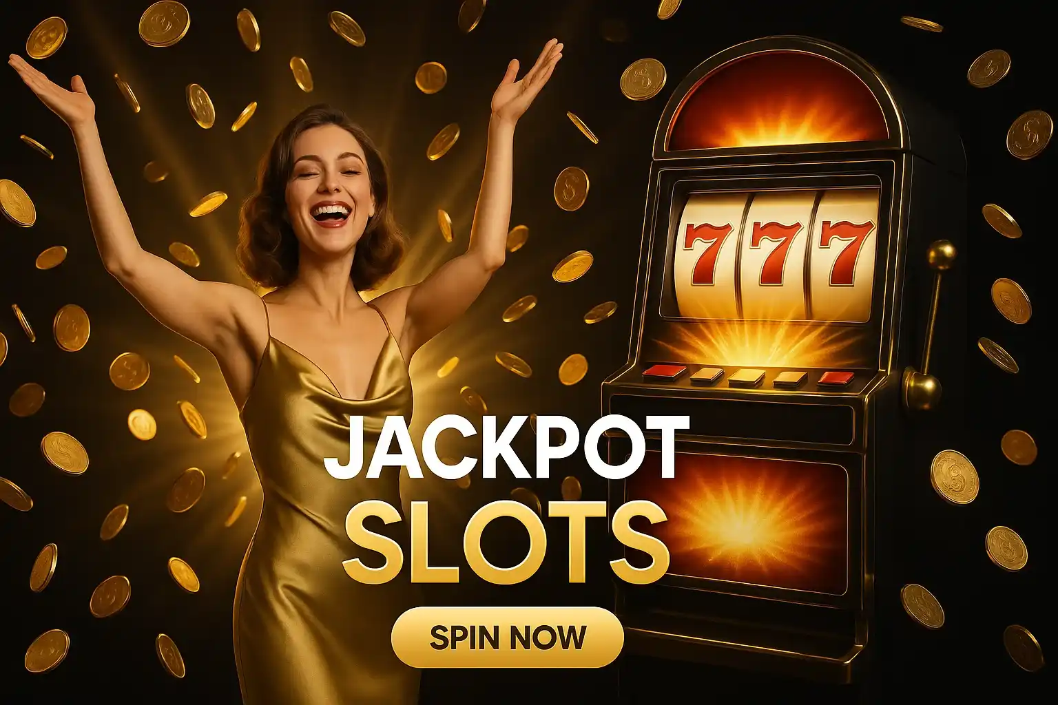 Photorealistic casino banner with British woman, raining gold coins and jackpot slots